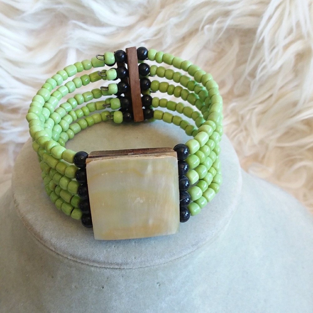 Seed Green Beaded Cuff Style Bracelet MOP Center